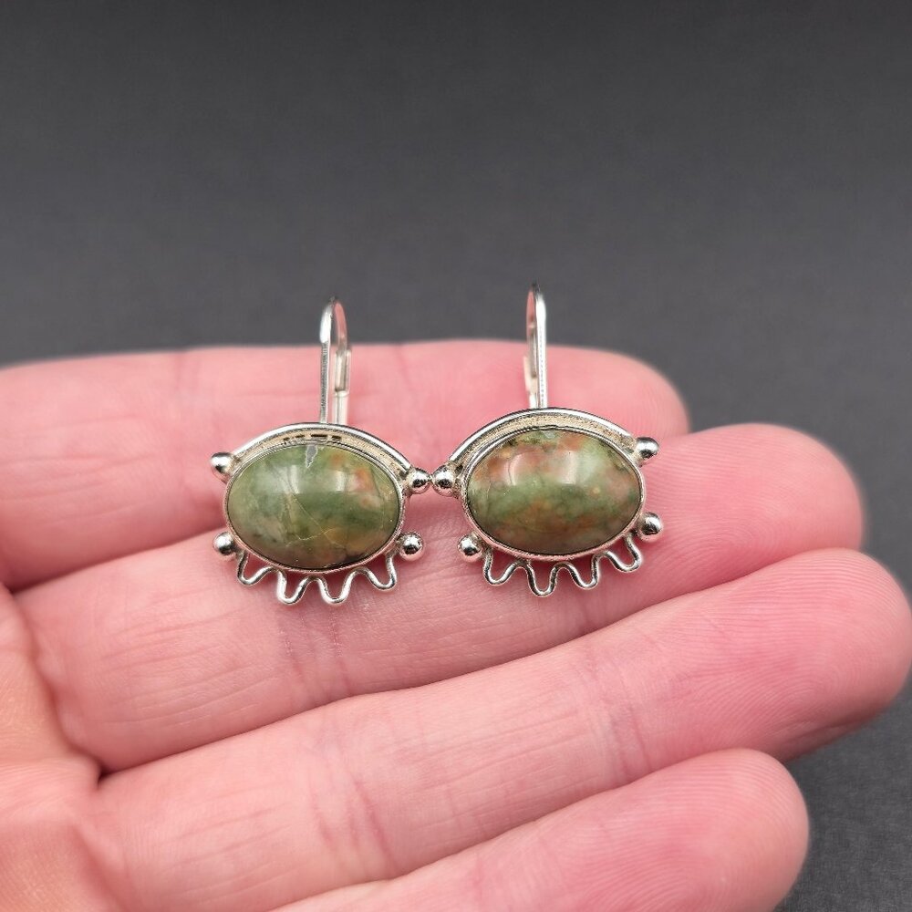Sterling Silver Stylish Unakite Stone Dangle Earrings A6388